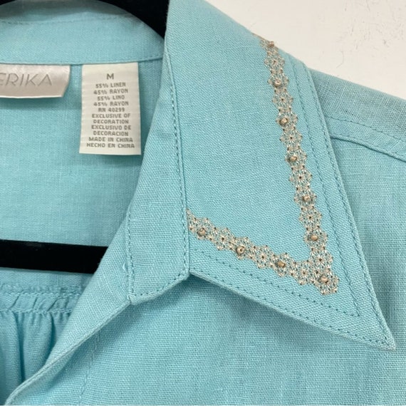 Vintage Linen Blend Blue Button Down Shirt Womens… - image 3