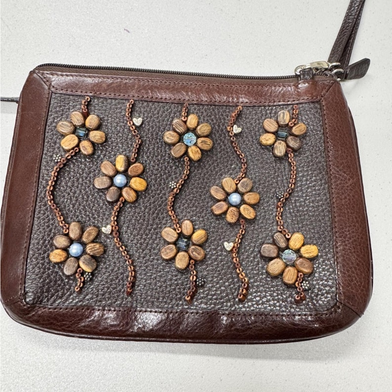 Brighton Vintage Braun Leder Holz Perlen Crossbody Handtasche Geldbörse Boho Tasche Bild 1
