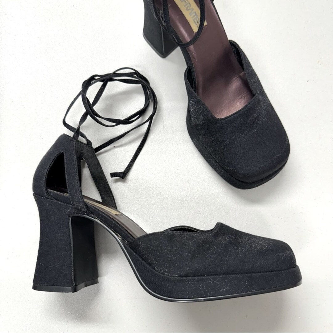 Vintage 1990s Black Sparkle Fabric Chunky Platform Heels Lace up Ankle ...