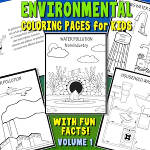Puede incluir: Páginas para colorear en blanco y negro para niños sobre la contaminación ambiental. Las páginas presentan ilustraciones de una fábrica, un avión, una planta de tratamiento de aguas, un pozo, un inodoro, una bañera y una lavadora. El texto en las páginas dice "Páginas para colorear ambientales para niños", "Contaminación del aire", "Contaminación del agua por la industria", "Aguas residuales domésticas" y "¡Con datos divertidos! Volumen 1".