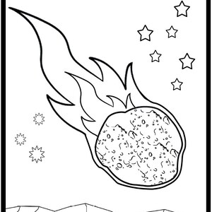 May include: Black and white illustration of a meteor streaking across the sky, with flames trailing behind. The word "METEOR" is at the top, and stars are scattered around the meteor. The bottom shows a cracked surface.