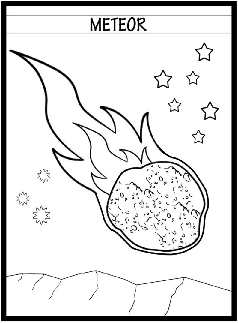 May include: Black and white illustration of a meteor streaking across the sky, with flames trailing behind. The word "METEOR" is at the top, and stars are scattered around the meteor. The bottom shows a cracked surface.
