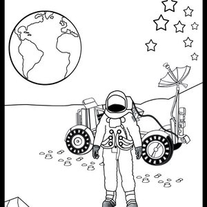 May include: Black and white line drawing of a lunar scene. An astronaut stands in front of a lunar rover, with the Earth and stars in the background. The words "LUNAR ROVER" are at the top.