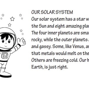 May include: Black and white illustration of an astronaut waving, with stars and a planet in the background. Text reads "OUR SOLAR SYSTEM" and describes the sun and planets.