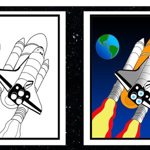 May include: Two framed illustrations of a space shuttle. One is a black and white line drawing with a planet Earth. The other is a color illustration of a space shuttle launching with flames and a planet Earth.