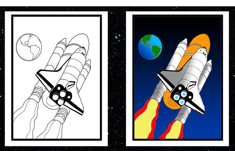 May include: Two framed illustrations of a space shuttle. One is a black and white line drawing with a planet Earth. The other is a color illustration of a space shuttle launching with flames and a planet Earth.