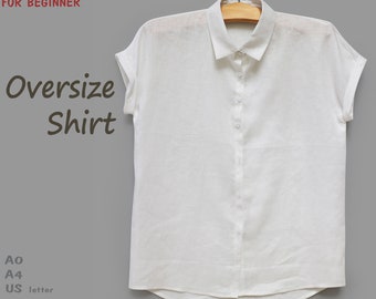 Women's oversized shirt short sleeves - PDF printable sewing pattern, instant download - U.S size 2(S),4(M),6,8,10,12,14,16 - A4, U.S letter