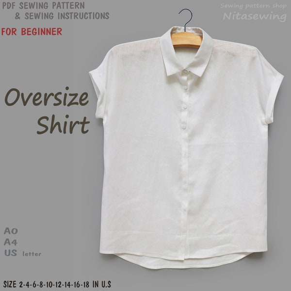 Women's oversized shirt short sleeves - PDF printable sewing pattern, instant download - U.S size 2(S),4(M),6,8,10,12,14,16 - A4, U.S letter