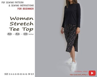 Cartamodello da donna Stretch Tee Top, download istantaneo - taglia USA 2,4,6,8,10,12,14,16 - A0, A4, lettera USA