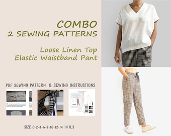 2 sewing patterns, elastic waistband pant, women's loose linen top, instant download - U.S size 0,2,4,6,8,10,12,14 - A0, A4, U.S