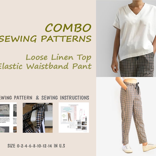 2 sewing patterns, elastic waistband pant, women's loose linen top, instant download - U.S size 0,2,4,6,8,10,12,14 - A0, A4, U.S