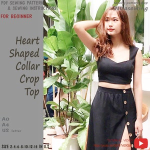 Women's heart shaped collar Crop Top - PDF printable sewing pattern, instant download - U.S size 0(XS),2(S),4,6,8,10,12,14 - A4, U.S letter