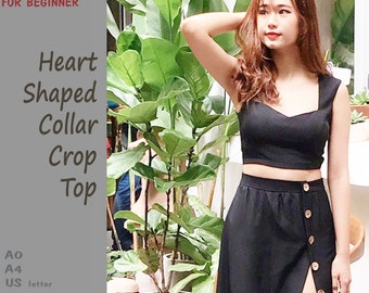 Women's heart shaped collar Crop Top - PDF printable sewing pattern, instant download - U.S size 0(XS),2(S),4,6,8,10,12,14 - A4, U.S letter