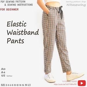 Beginner PDF women's elastic waistband pants sewing pattern, instant download - U.S size 0,2,4,6,8,10,12,14 - A0,A4, U.S