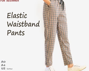 Beginner PDF women's elastic waistband pants sewing pattern, instant download - U.S size 0,2,4,6,8,10,12,14 - A0,A4, U.S