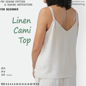 May include: A sewing pattern for a linen cami top. The pattern is available in sizes 0-20 and includes instructions for sewing the top. The pattern is for beginners and is available in A0, A4, and US letter sizes.