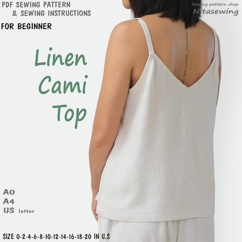 May include: A sewing pattern for a linen cami top. The pattern is available in sizes 0-20 and includes instructions for sewing the top. The pattern is for beginners and is available in A0, A4, and US letter sizes.