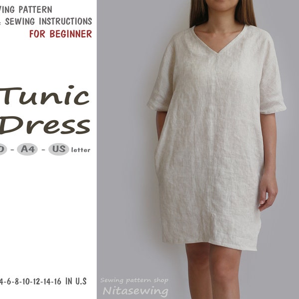 Beginner PDF Tunic dress sewing pattern, instant download - U.S size 2,4,6,8,10,12,14,16 - A1, A4 or U.S letter