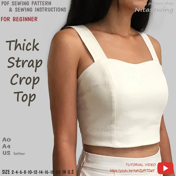 Thick strap crop top- PDF printable sewing pattern, instant download - Size 0, 2,4,6,8,10,12,14 in U.S - A1, A4 , U.S letter paper size.