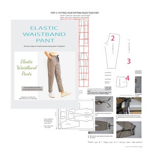 Cartamodello per pantaloni con cintura elastica in vita da donna PDF per principianti, download istantaneo taglia USA 0,2,4,6,8,10,12,14 A0,A4, U.S. immagine 7