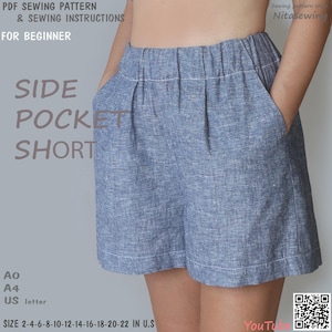 Patron de couture Short à poches latérales pour débutant, téléchargement immédiat - Taille US 0,2,4,6,8,10,12,14,16,18,20,22 - A0, A4, US
