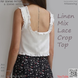 Mistura de linho Top curto de renda Padrão de costura para impressão em PDF, download instantâneo - Tamanho 2,4,6,8,10,12,14 nos EUA - A1, A4, tamanho de papel carta dos EUA.
