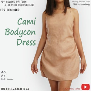 Patrón de costura PDF para principiantes Cami Bodycon Dress, descarga instantánea - Tamaño de EE. UU. 2,4,6,8,10 - A0,A4 o letra de EE. UU.