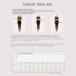 May include: A size chart for clothing with measurements in inches and centimeters. The chart includes bust, waist, hip, upper arm girth, and body measurements for sizes XXS to 5XL.