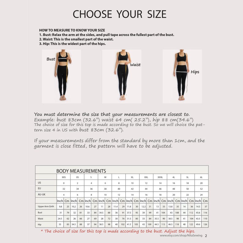 May include: A size chart for clothing with measurements in inches and centimeters. The chart includes bust, waist, hip, upper arm girth, and body measurements for sizes XXS to 5XL.