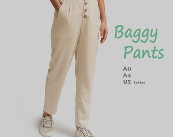 Puede incluir: Un patrón de costura para pantalones holgados beige, tallas 2-14. El patrón incluye instrucciones para coser los pantalones. El patrón está disponible en tallas A0, A4 y US letter. El patrón está disponible para comprar en la tienda Nitasewing. El patrón también está disponible en YouTube.