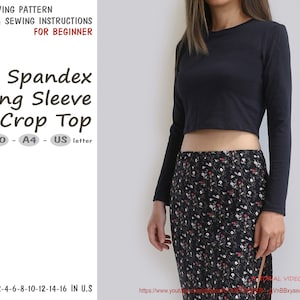 Spandex long sleeve crop top sewing pattern, instant download - U.S size 2,4,6,8,10,12,14,16 - A0, A4, U.S letter