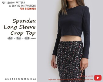 Spandex crop top naaipatroon met lange mouwen, direct downloaden - Amerikaanse maat 2,4,6,8,10,12,14,16 - A0, A4, Amerikaanse letter