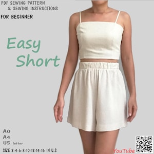 Beginner PDF Easy SHORT sewing pattern, instant download - U.S size 0,2,4,6,8,10,12,14,16 - A0,A4, U.S