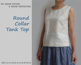 Round collar tank top sewing pattern, instant download - U.S size 2,4,6,8,10,12,14,16 - A4, U.S letter