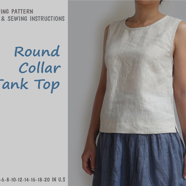 Round collar tank top sewing pattern, instant download - U.S size 2,4,6,8,10,12,14,16 - A4, U.S letter