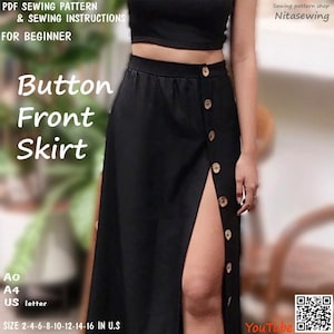 Falda con botones delanteros - Patrón de costura imprimible en PDF, descarga instantánea - Tallas de EE. UU. 0, 2, 4, 6, 8, 10, 12, 14, 16 - A0, A4 o carta de EE. UU.