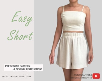 Beginner PDF Easy SHORT sewing pattern, instant download - U.S size 0,2,4,6,8,10,12,14,16 - A0,A4, U.S