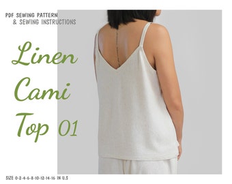 Beginner PDF Linen Cami Top sewing pattern, instant download - U.S size 2,4,6,8,10,12,14,16 - A4, U.S letter paper size.