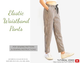 Patrón de costura de pantalones de cintura elástica para mujer en PDF para principiantes, descarga instantánea - Tamaño de EE. UU. 0,2,4,6,8,10,12,14 - A0,A4, EE. UU.