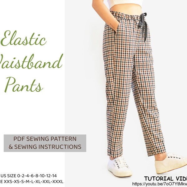 Beginner PDF women's elastic waistband pants sewing pattern, instant download - U.S size 0,2,4,6,8,10,12,14 - A0,A4, U.S