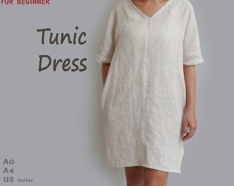 Beginner PDF Tunic dress sewing pattern, instant download - U.S size 2,4,6,8,10,12,14,16 - A1, A4 or U.S letter