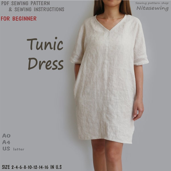 Beginner PDF Tunic dress sewing pattern, instant download - U.S size 2,4,6,8,10,12,14,16 - A1, A4 or U.S letter