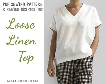 Beginner PDF women's loose linen top sewing pattern, instant download - U.S size0,2,4,6,8,10,12,14,16,18 - A4, U.S letter