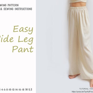 Beginner PDF wide leg pants sewing pattern, instant download - U.S size 0,2,4,6,8,10,12,14,16,18 - A0,A4, U.S
