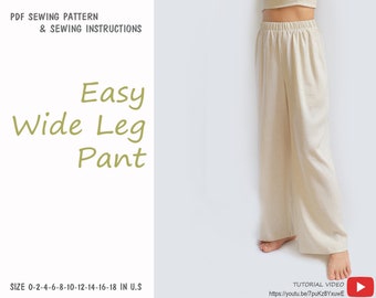 Beginner PDF wide leg pants sewing pattern, instant download - U.S size 0,2,4,6,8,10,12,14,16,18 - A0,A4, U.S