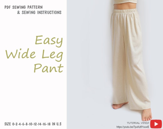 Beginner PDF Wide Leg Pants Sewing Pattern, Instant Download U.S Size  0,2,4,6,8,10,12,14,16,18 A0,A4, U.S 