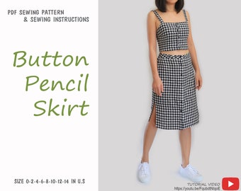 Button Pencil Skirt - PDF printable sewing pattern, instant download - U.S size 0,2,4,6,8,10,12,14 - A0,A4 or U.S letter