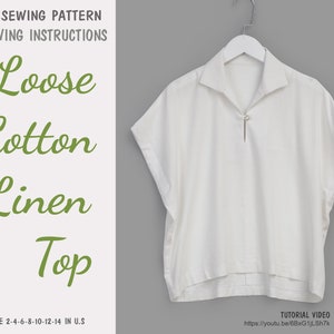 Women's loose cotton linen top - PDF printable sewing pattern, instant download - U.S size 2,4,6,8,10,12,14 - A0, A4, U.S letter