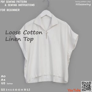 Blusa de linho de algodão solta feminina - Padrão de costura para impressão em PDF, download instantâneo - Tamanho EUA 2,4,6,8,10,12,14 - A0, A4, carta EUA