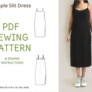Easy to sew women&#39;s simple slit dress - PDF printable sewing pattern, instant download - U.S size 0,2,4,6,8,10,12,14 - A0,A4 or U.S letter